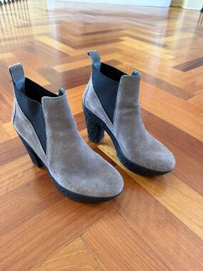 Diane Von Furstenberg Taupe Suede Chelsea Platform Booties with Black Elastics